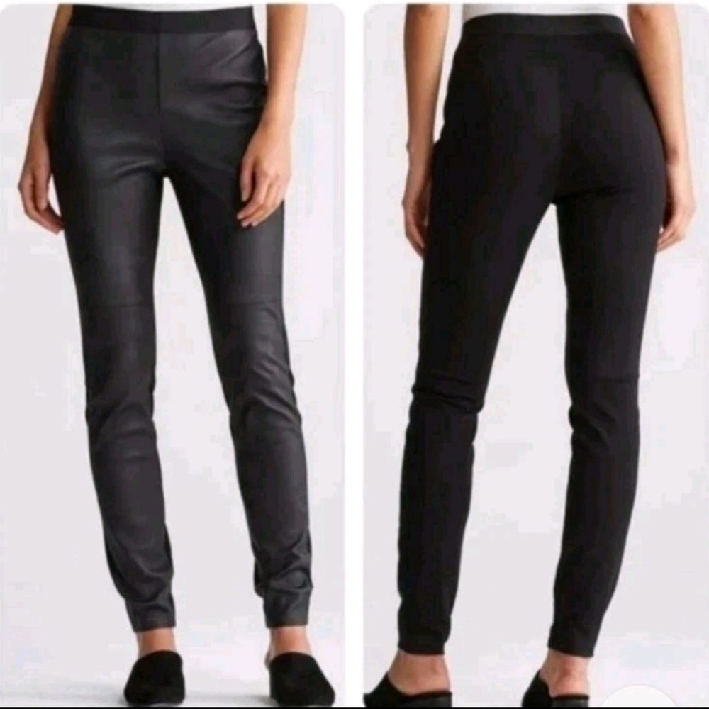 Eileen Fisher Womens Black Leather Luxury Front Panel Ponte Pull On Leggings L
